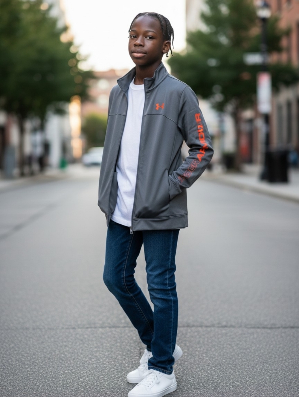 Boys Under Armour Gray Zip-Up Hoodie with Orange Logo Youth Large - Picture 2 of 7